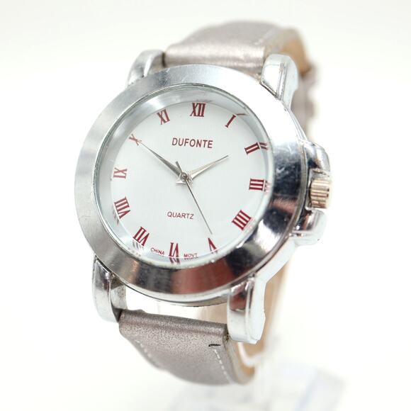 Vintage Dufonte Silver Tone Mens Watch 42mm Roman Dial Leather Strap New Battery - Picture 1 of 16
